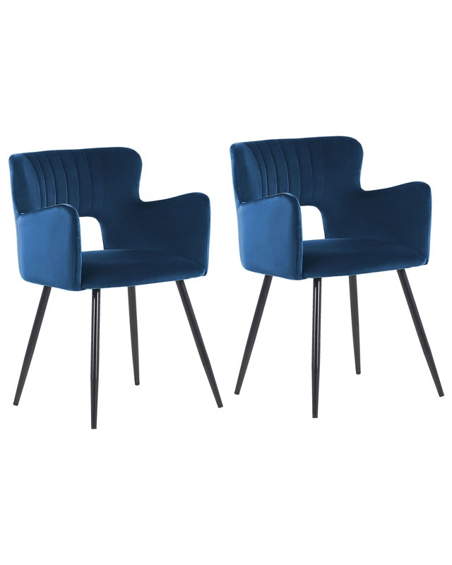 Set of 2 Chairs Dining Chair Navy Blue Velvet with Armrests Cut-Out Backrest Black Metal Legs Beliani