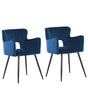 Set of 2 Chairs Dining Chair Navy Blue Velvet with Armrests Cut-Out Backrest Black Metal Legs Beliani