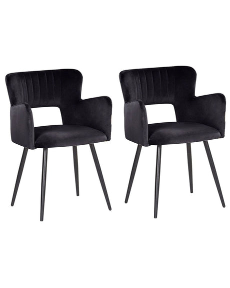 Set of 2 Chairs Dining Chair Black Velvet with Armrests Cut-Out Backrest Black Metal Legs Beliani