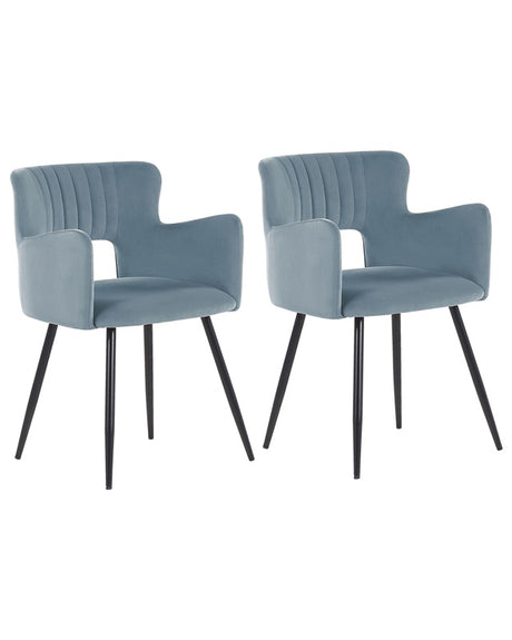 Set of 2 Chairs Dining Chair Light Blue Velvet with Armrests Cut-Out Backrest Black Metal Legs Beliani