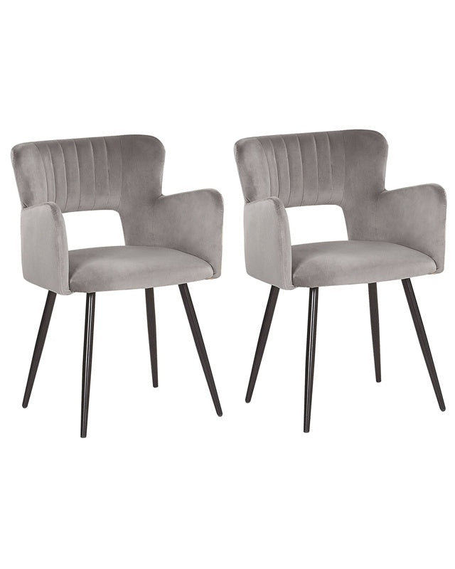 Set of 2 Chairs Dining Chair Grey Velvet with Armrests Cut-Out Backrest Black Metal Legs Beliani