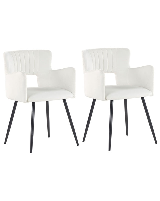 Set of 2 Chairs Dining Chair White Velvet with Armrests Cut-Out Backrest Black Metal Legs Beliani