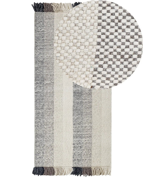 Area Rug Off-White Wool 80 x 150 cm Rectangular Hand Woven with Tassels Modern Design Beliani
