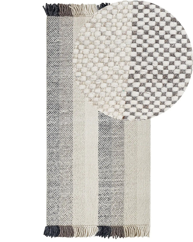Area Rug Off-White Wool 80 x 150 cm Rectangular Hand Woven with Tassels Modern Design Beliani