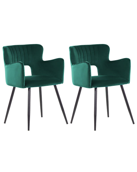 Set of 2 Chairs Dining Chair Emerald Velvet with Armrests Cut-Out Backrest Black Metal Legs Beliani