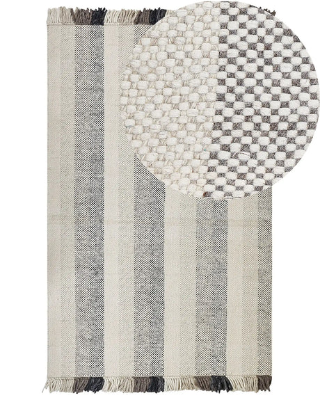 Area Rug Off-White Wool 160 x 230 cm Rectangular Hand Woven with Tassels Modern Design Beliani