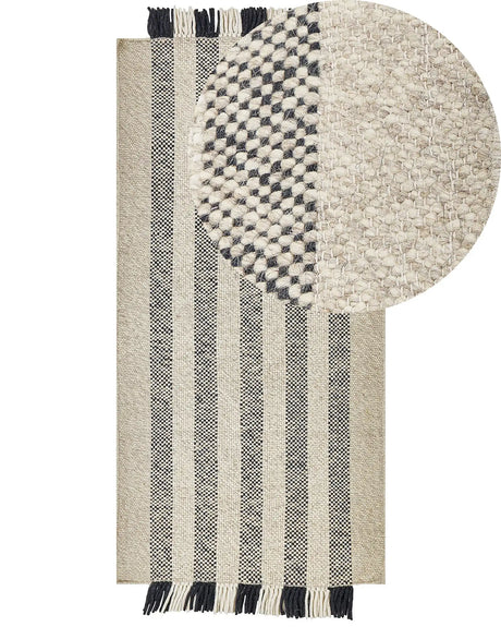 Area Rug Off-White and Black Wool 80 x 150 cm Rectangular Hand Woven with Tassels Modern Design Beliani
