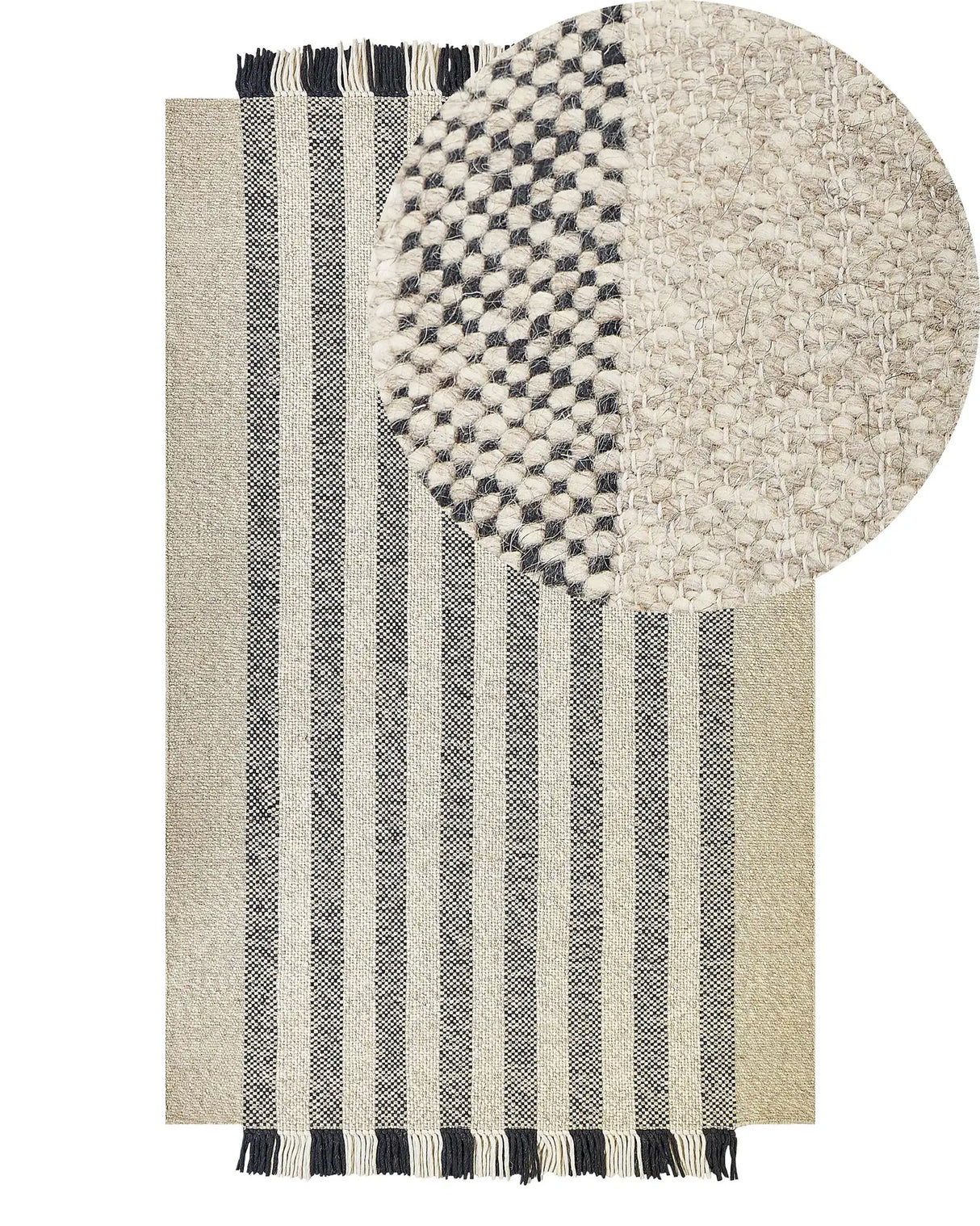 Area Rug Off-White and Black Wool 140 x 200 cm Rectangular Hand Woven with Tassels Modern Design Beliani