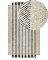 Area Rug Off-White and Black Wool 140 x 200 cm Rectangular Hand Woven with Tassels Modern Design Beliani