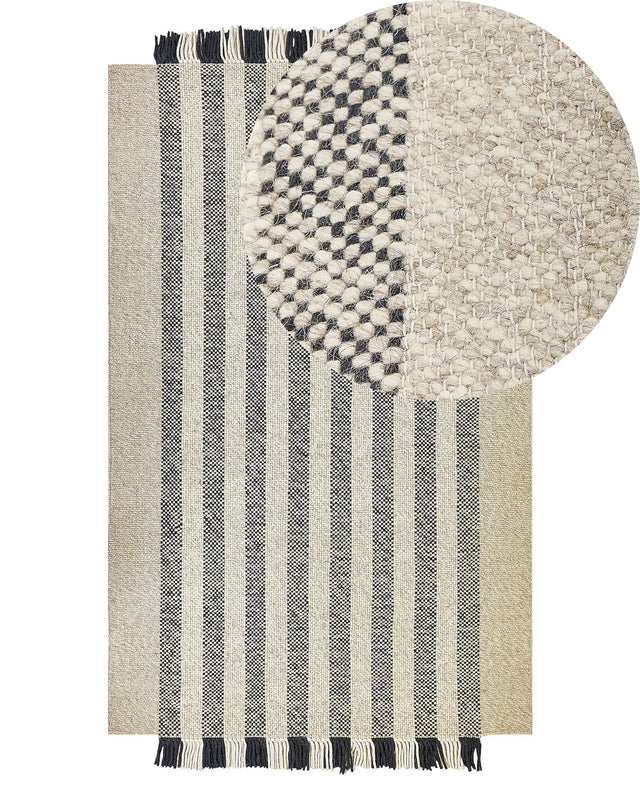 Area Rug Off-White and Black Wool 140 x 200 cm Rectangular Hand Woven with Tassels Modern Design Beliani