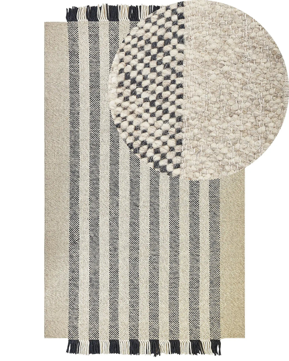 Area Rug Off-White and Black Wool 160 x 230 cm Rectangular Hand Woven with Tassels Modern Design Beliani