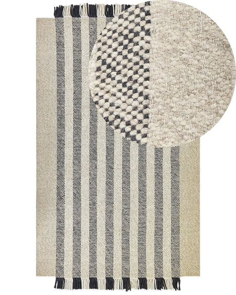 Area Rug Off-White and Black Wool 160 x 230 cm Rectangular Hand Woven with Tassels Modern Design Beliani