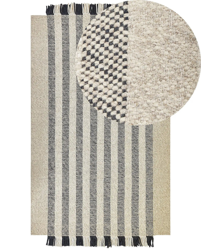 Area Rug Off-White and Black Wool 160 x 230 cm Rectangular Hand Woven with Tassels Modern Design Beliani