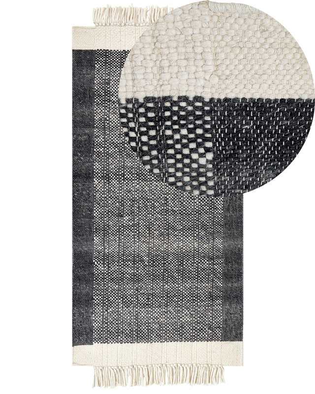 Area Rug Black and Off-White Wool 80 x 150 cm Rectangular Hand Woven with Tassels Modern Design Beliani