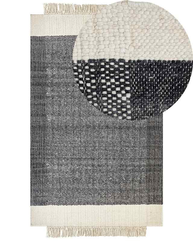 Area Rug Black and Off-White Wool 140 x 200 cm Rectangular Hand Woven with Tassels Modern Design Beliani