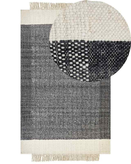 Area Rug Black and Off-White Wool 160 x 230 cm Rectangular Hand Woven with Tassels Modern Design Beliani