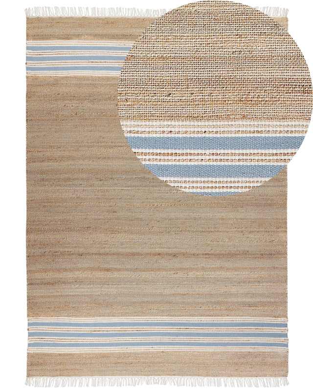 Area Rug Beige and Light Blue Jute 160 x 230 cm Rectangular Dhurrie with Tassels Striped Pattern Handwoven Boho Style Hallway Beliani