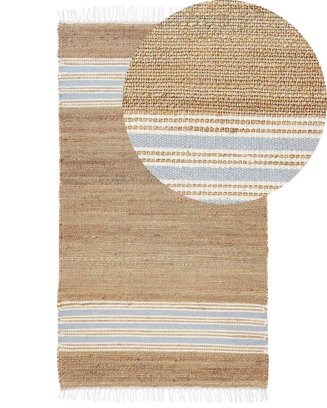 Area Rug Beige and Light Blue Jute 80 x 150 cm Rectangular Dhurrie with Tassels Striped Pattern Handwoven Boho Style Hallway Beliani