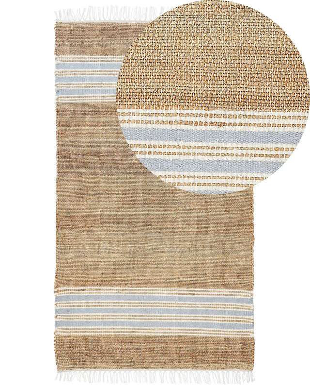 Area Rug Beige and Light Blue Jute 80 x 150 cm Rectangular Dhurrie with Tassels Striped Pattern Handwoven Boho Style Hallway Beliani