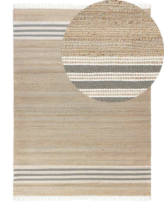 Area Rug Beige and Grey Jute 160 x 230 cm Rectangular Dhurrie with Tassels Striped Pattern Handwoven Boho Style Hallway Beliani