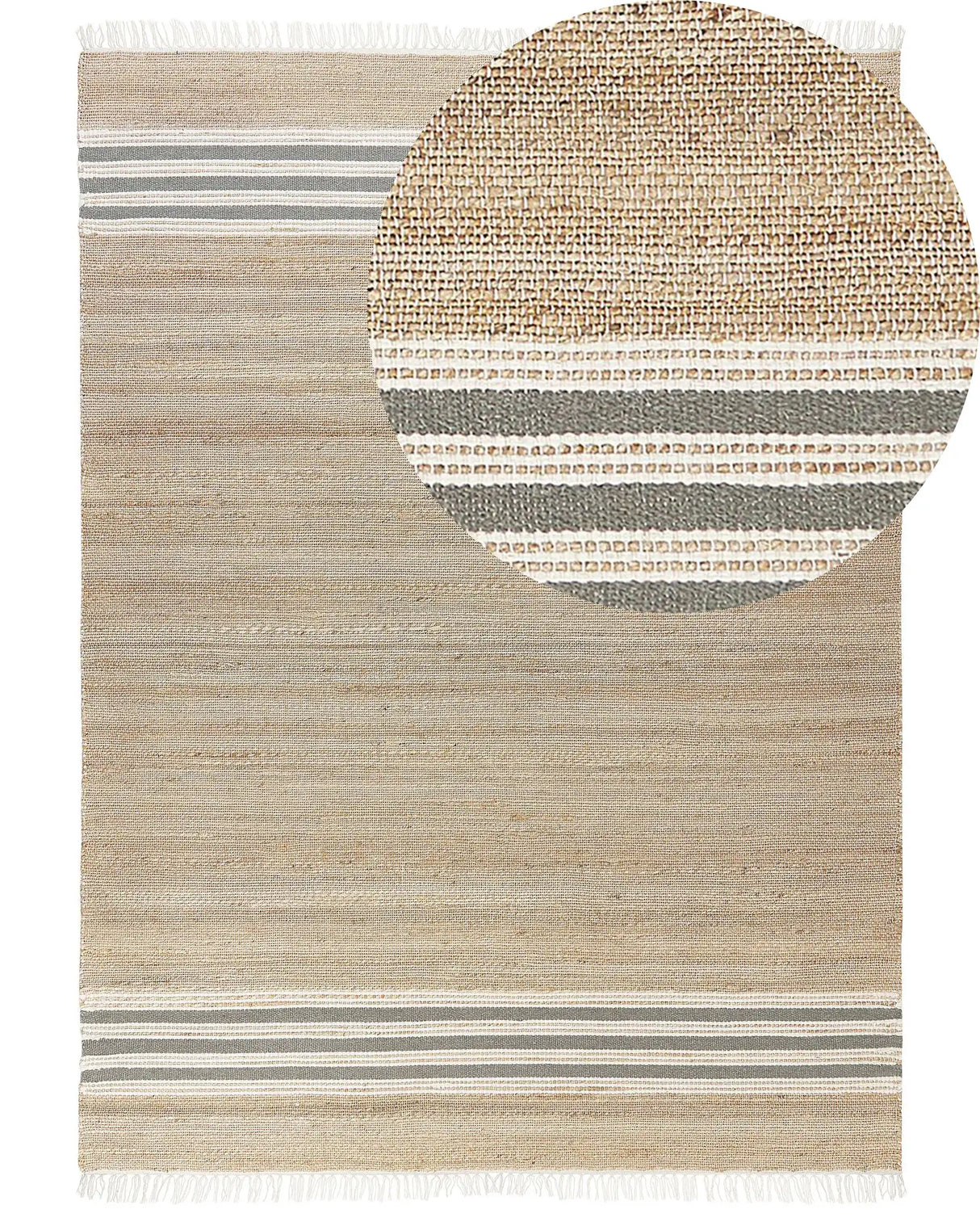 Area Rug Beige and Grey Jute 160 x 230 cm Rectangular Dhurrie with Tassels Striped Pattern Handwoven Boho Style Hallway Beliani