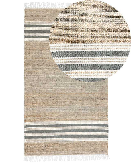 Area Rug Beige and Grey Jute 80 x 150 cm Rectangular Dhurrie with Tassels Striped Pattern Handwoven Boho Style Hallway Beliani