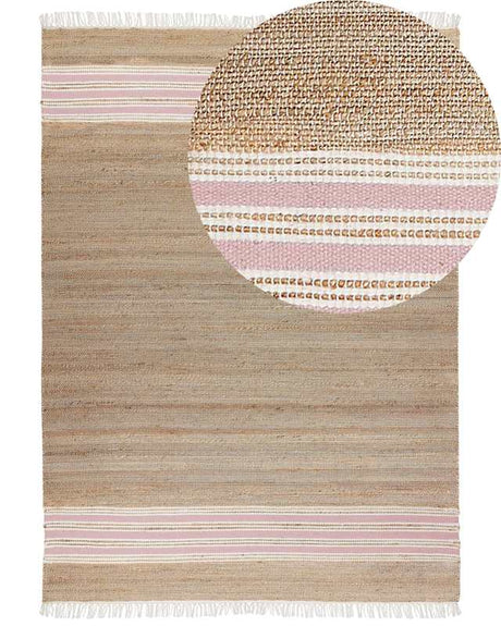 Area Rug Beige and Pastel Pink Jute 160 x 230 cm Rectangular Dhurrie with Tassels Striped Pattern Handwoven Boho Style Hallway Beliani