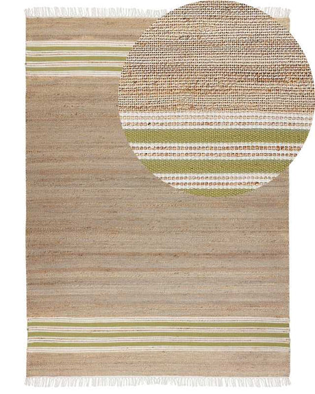 Area Rug Beige and Green Jute 160 x 230 cm Rectangular Dhurrie with Tassels Striped Pattern Handwoven Boho Style Hallway Beliani