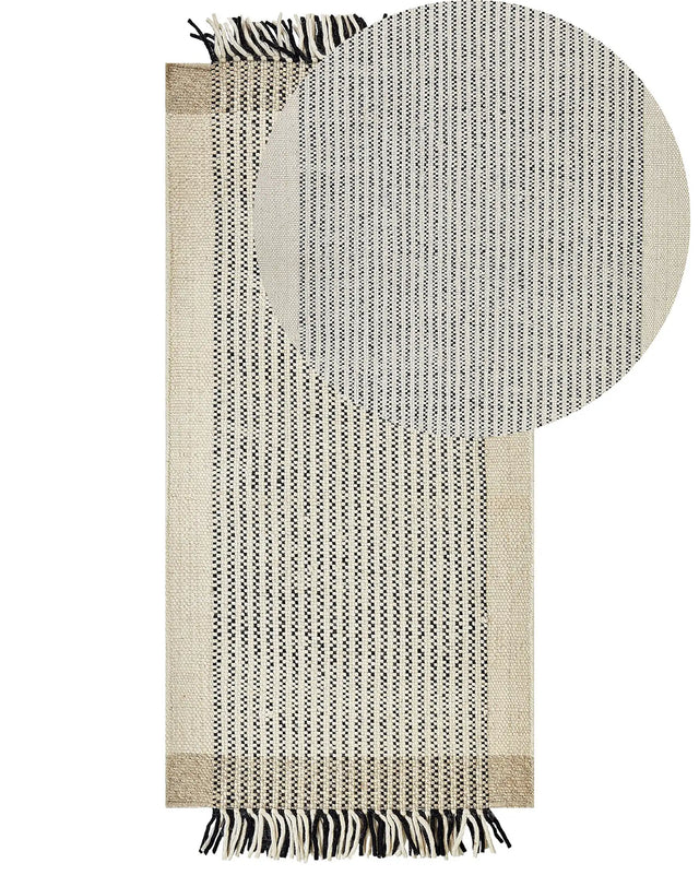 Rug Beige and Black Wool Cotton 80 x 150 cm Hand Woven Flat Weave with Tassels Beliani