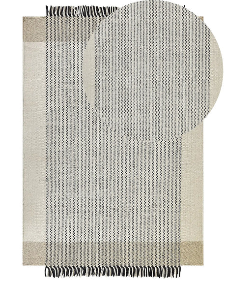 Rug Beige and Black Wool Cotton 160 x 230 cm Hand Woven Flat Weave with Tassels Beliani