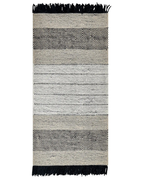 Rug Beige and Black Wool Cotton 80 x 150 cm Hand Woven Flat Weave with Tassels Beliani