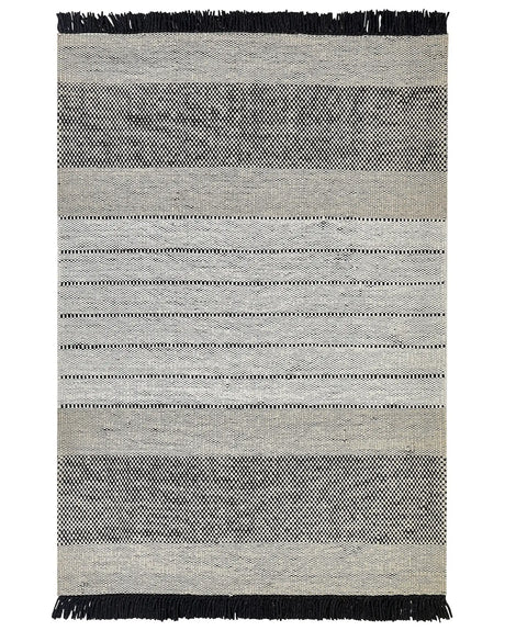Rug Beige and Black Wool Cotton 160 x 230 cm Hand Woven Flat Weave with Tassels Beliani