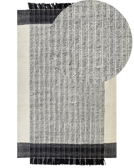 Rug White and Black Wool Cotton 140 x 200 cm Hand Woven Flat Weave with Tassels Beliani