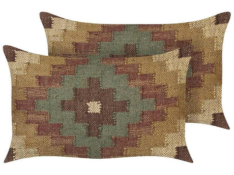 Set of 2 Scatter Cushions Multicolour Jute and Wool 30 x 50 cm Oriental Pattern Kilim Style Washed Colurs Beliani