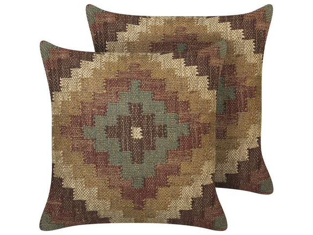 Set of 2 Scatter Cushions Multicolour Jute and Wool 45 x 45 cm Oriental Pattern Kilim Style Washed Colurs Beliani