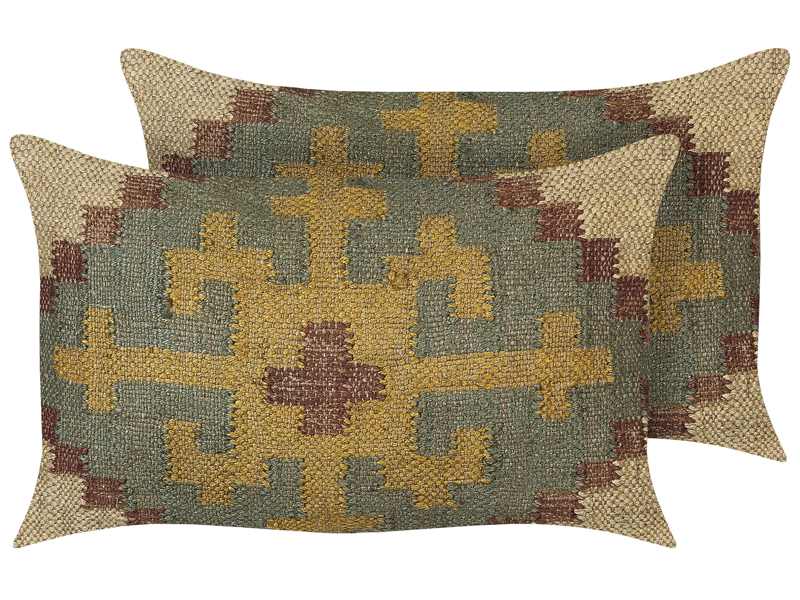 Set of 2 Scatter Cushions Multicolour Jute and Wool 30 x 50 cm Oriental Pattern Kilim Style Washed Out Earth Colours Beliani