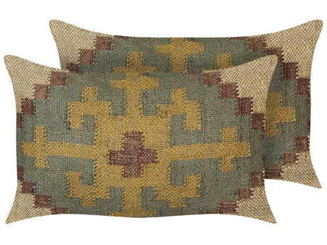 Set of 2 Scatter Cushions Multicolour Jute and Wool 30 x 50 cm Oriental Pattern Kilim Style Washed Out Earth Colours Beliani