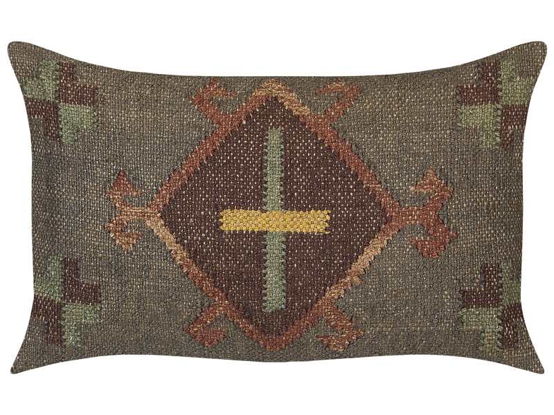 Scatter Cushion Green Jute and Wool 30 x 50 cm Oriental Pattern Kilim Style Faded Colurs Beliani