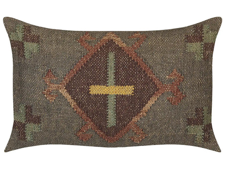 Scatter Cushion Green Jute and Wool 30 x 50 cm Oriental Pattern Kilim Style Faded Colurs Beliani