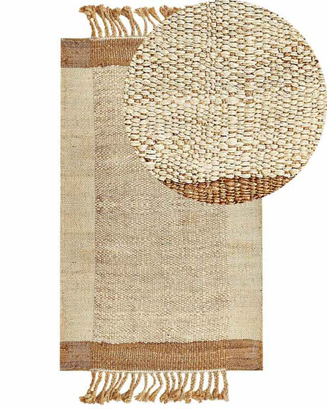 Area Rug Beige Jute 80 x 150 cm Rectangular with Tassels Geometric Pattern Handwoven Boho Style Bedroom Living Room Beliani