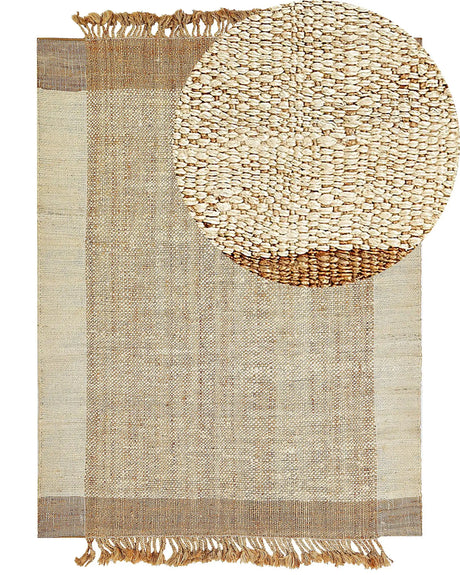 Area Rug Beige Jute 160 x 230 cm Rectangular with Tassels Geometric Pattern Handwoven Boho Style Bedroom Living Room Beliani