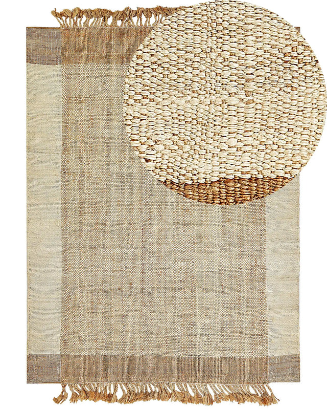 Area Rug Beige Jute 160 x 230 cm Rectangular with Tassels Geometric Pattern Handwoven Boho Style Bedroom Living Room Beliani