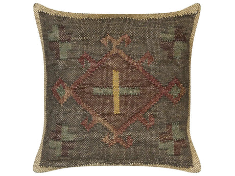 Scatter Cushion Green Jute and Wool 45 x 45 cm Oriental Pattern Kilim Style Faded Colurs  Beliani