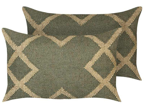 Set of 2 Scatter Cushions Green and Beige Jute and Wool 30 x 50 cm Geometric Pattern Faded Colours Beliani