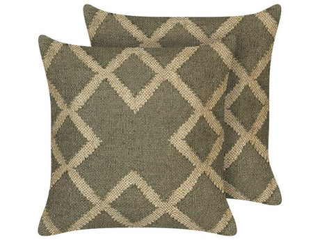 Set of 2 Scatter Cushions Green and Beige Jute and Wool 45 x 45 cm Geometric Pattern Faded Colours Beliani