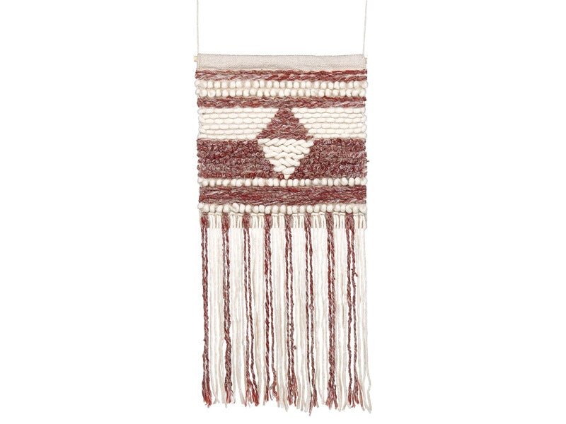 Wall Hanging Red Beige Wool Handwoven with Tassels Geometric Pattern Boho Style Living Room Bedroom Beliani