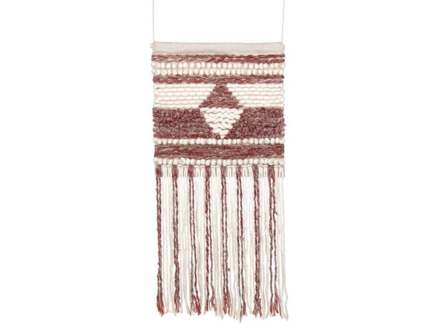 Wall Hanging Red Beige Wool Handwoven with Tassels Geometric Pattern Boho Style Living Room Bedroom Beliani