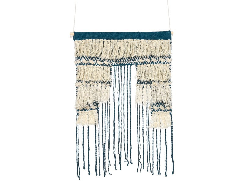 Wall Hanging Dark Blue Beige Cotton Handwoven with Decorative Tassels Geometric Pattern Boho Style Living Room Bedroom Beliani