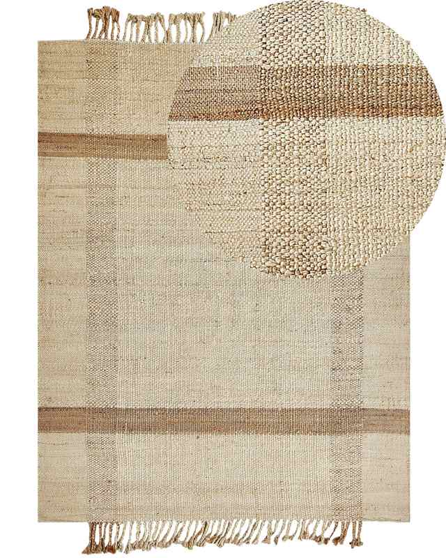 Area Rug Beige Jute 160 x 230 cm Rectangular with Tassels Geometric Pattern Handwoven Boho Style Bedroom Living Room Beliani