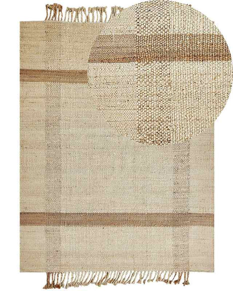 Area Rug Beige Jute 160 x 230 cm Rectangular with Tassels Geometric Pattern Handwoven Boho Style Bedroom Living Room Beliani